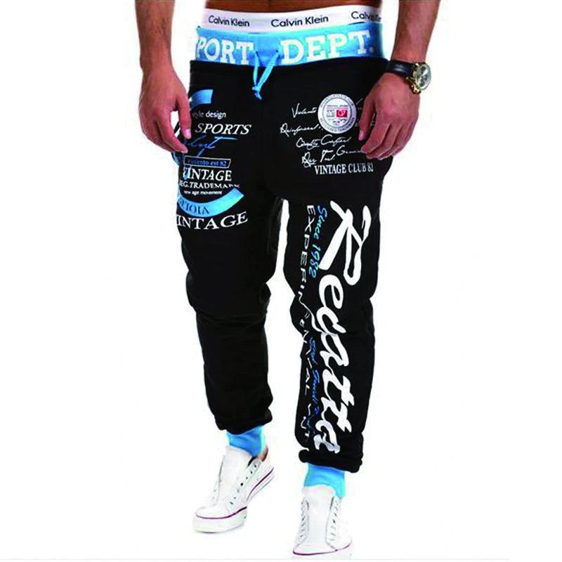 Calça de moletom masculina, cintura elástica, estampa gráfica de letras, esportes, hip hop, cinza, azul, preto - Futuro Tech